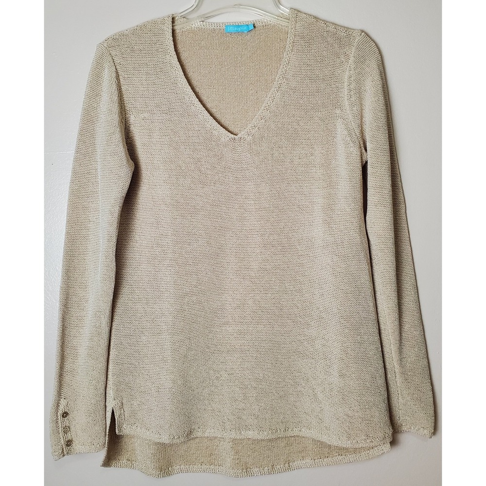 J Mclaughlin Ivory Beige Callum Mesh V Neck Sweater Small Havana Coastal Boho